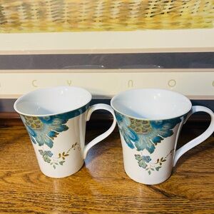 Set of 2 222 Fifth Eliza Teal Elegant Blue Floral Mugs 4” tall
